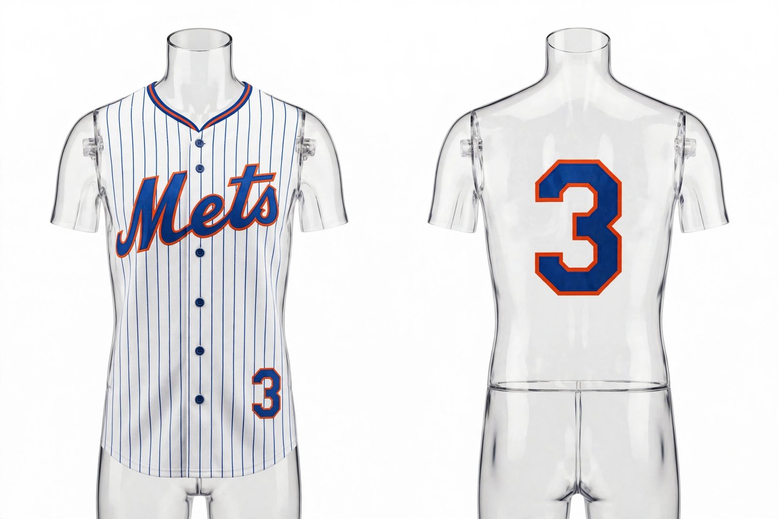 White New York Mets style pinstripe home baseball jersey number 3 - front and back view