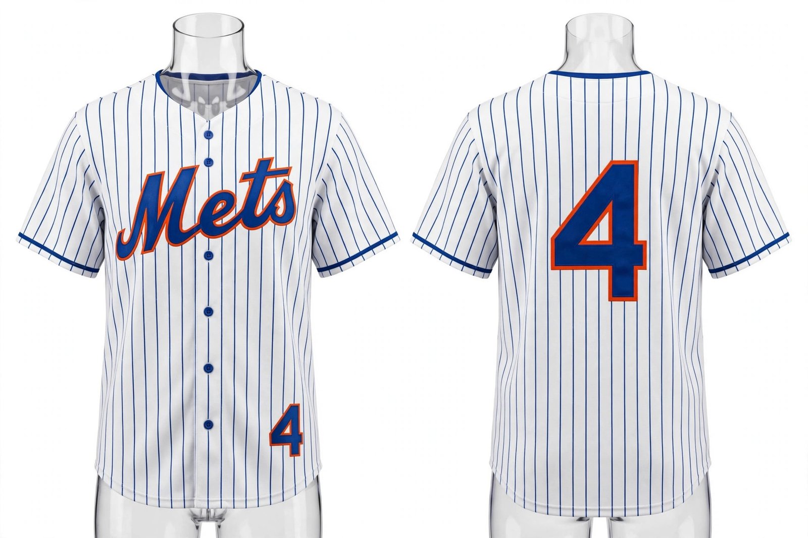 White New York Mets style pinstripe home baseball jersey number 4 - front and back view