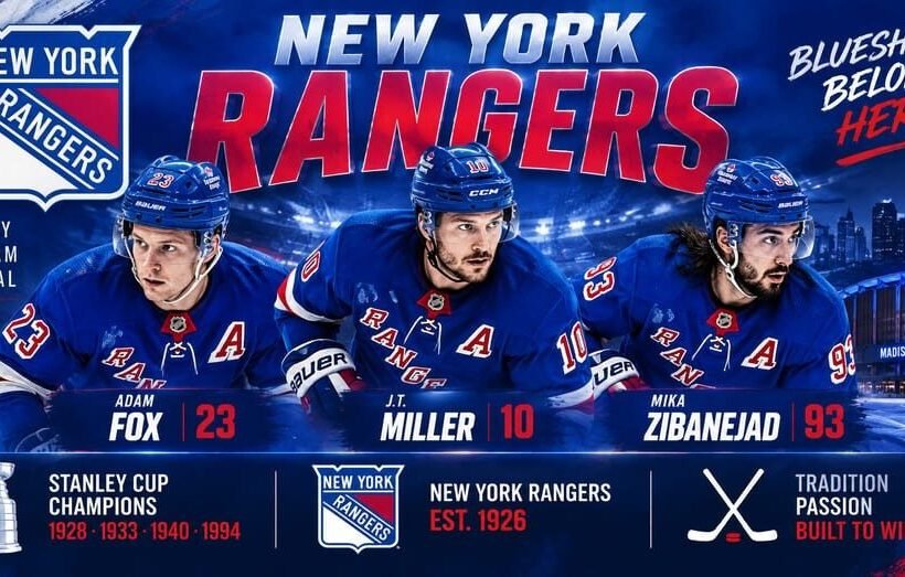 New York Rangers team 2026 poster — captain J.T. Miller (#10) with Adam Fox (#23) and Mika Zibanejad (#93) in blue home jerseys at Madison Square Garden