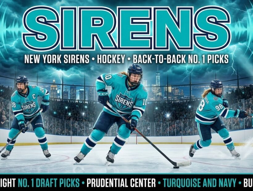 New York Sirens team 2026 poster — Sarah Fillier #10, captain Micah Zandee-Hart #28 and Kristyna Kaltounkova #98 in turquoise home jerseys