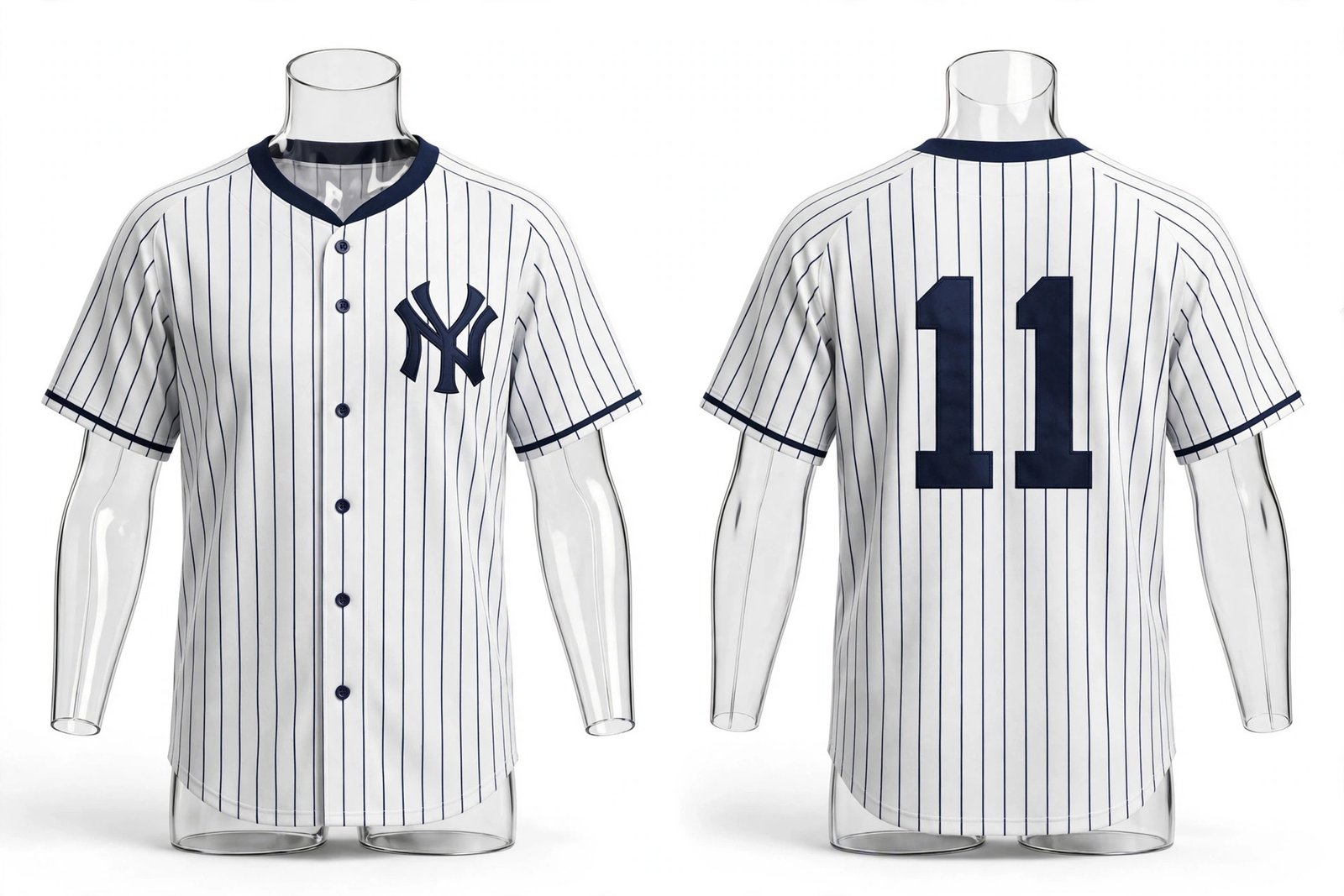 White New York Yankees style pinstripe baseball jersey number 11 - front and back view