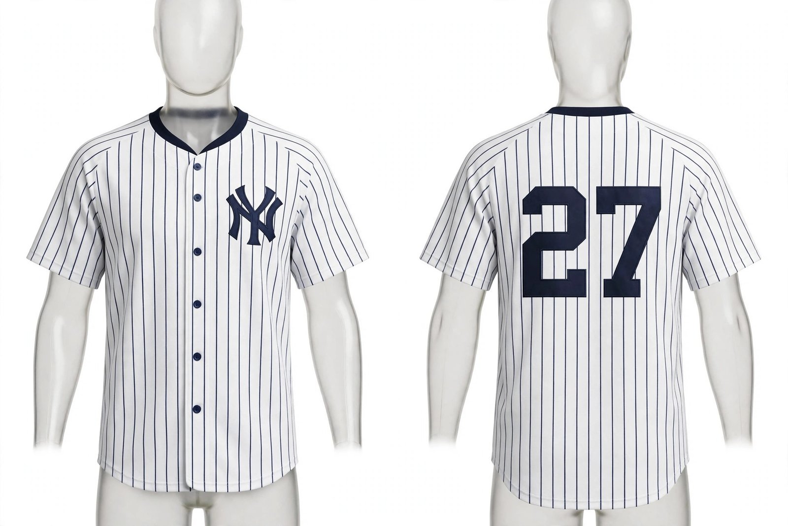 White New York Yankees style pinstripe baseball jersey number 27 - front and back view