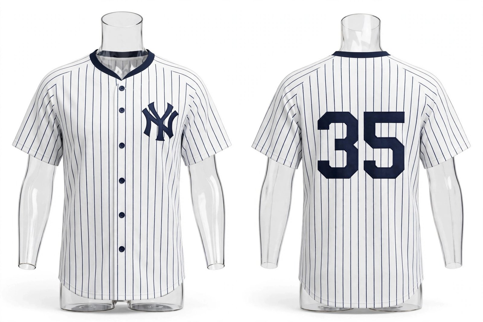 White New York Yankees style pinstripe baseball jersey number 35 - front and back view