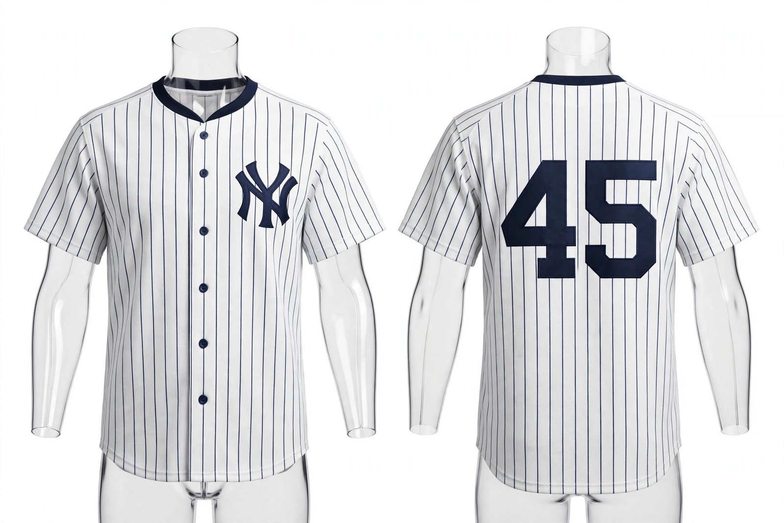 White New York Yankees style pinstripe baseball jersey number 45 - front and back view