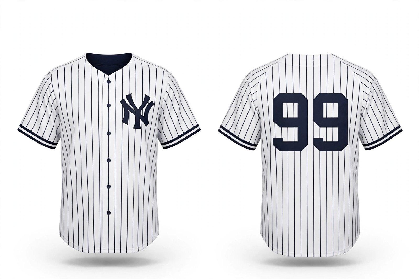 White New York Yankees style pinstripe baseball jersey number 99 - front and back view