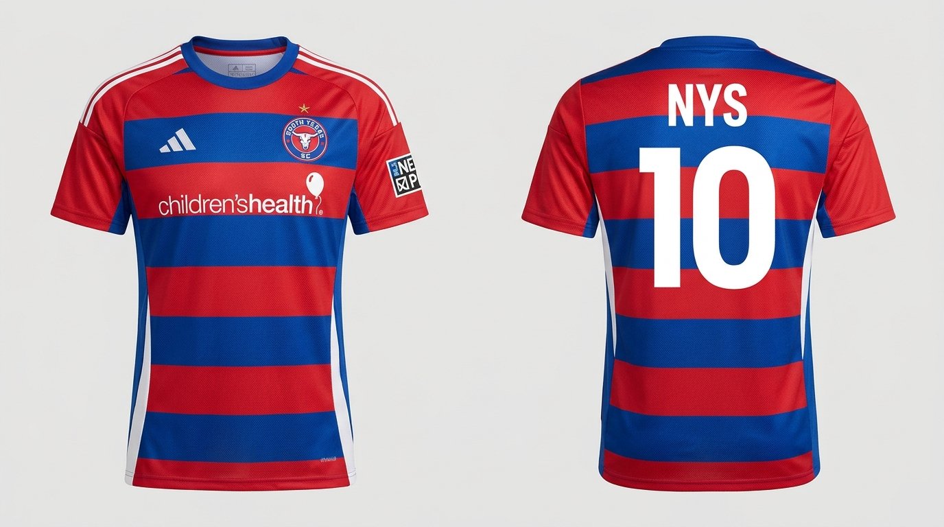 Red and blue North Texas SC style soccer jersey number 10 - front and back view