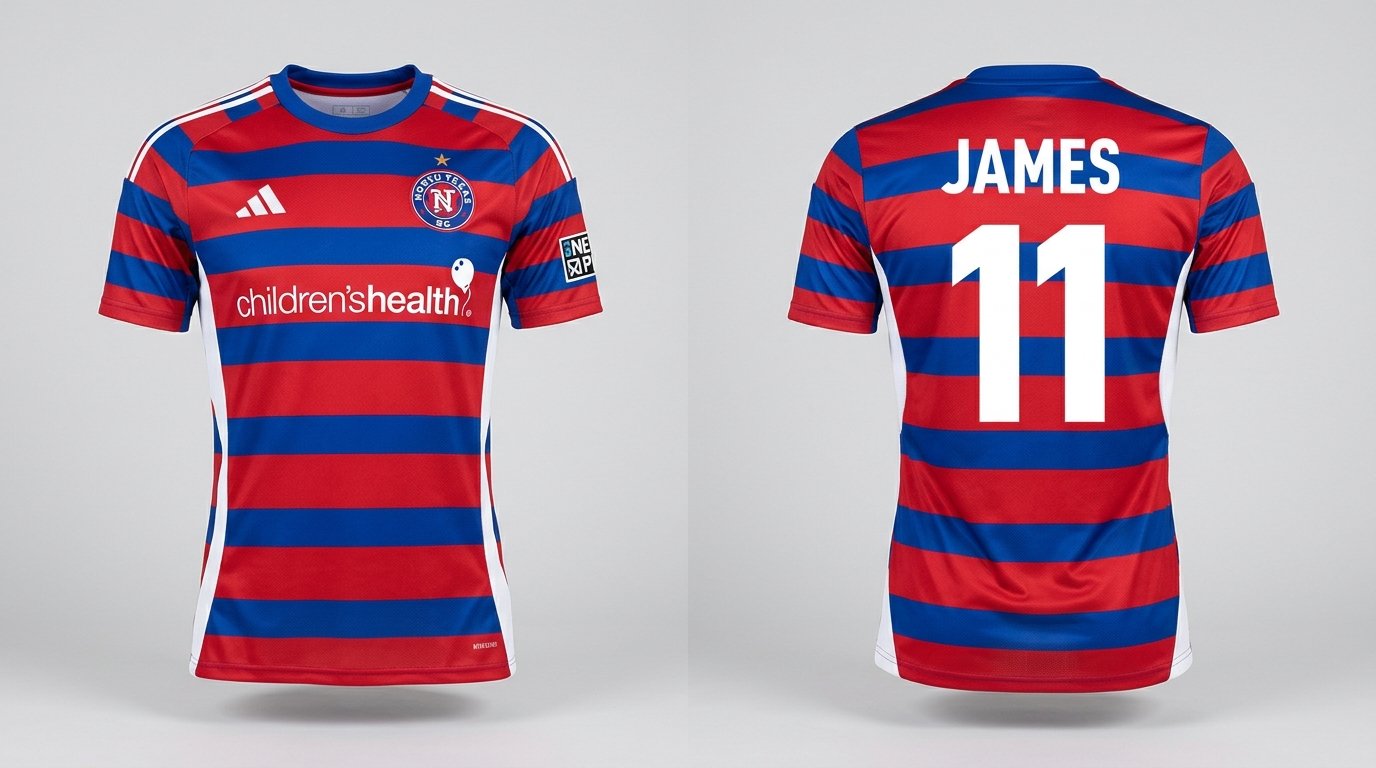 Red and blue North Texas SC style soccer jersey number 11 - front and back view