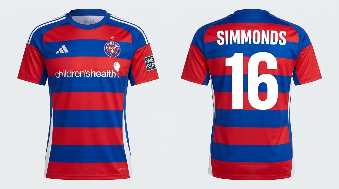 Red and blue North Texas SC style soccer jersey number 16 - front and back view