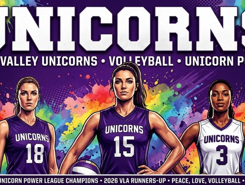 Ohio Valley Unicorns women 2026 poster banner — Marshall-Glassmeyer, Bartell and Driscoll in the purple and white VLA jerseys
