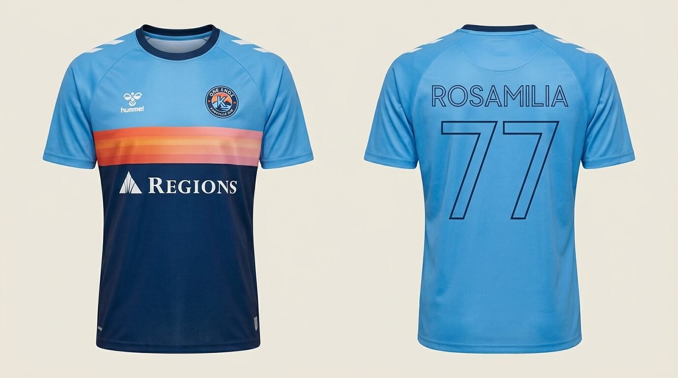Blue One Knoxville SC style soccer jersey number 77 - front and back view