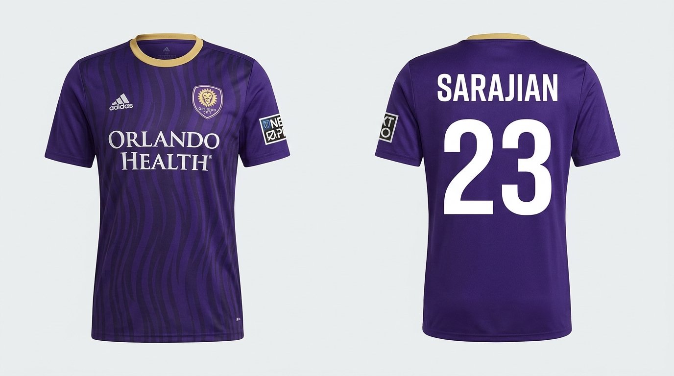Purple Orlando City B style soccer jersey number 23 - front and back view
