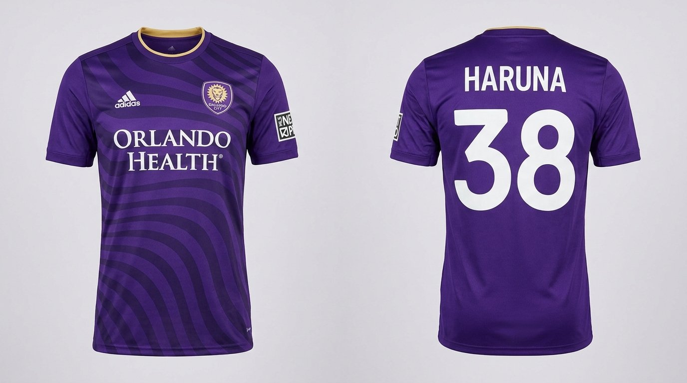Purple Orlando City B style soccer jersey number 38 - front and back view