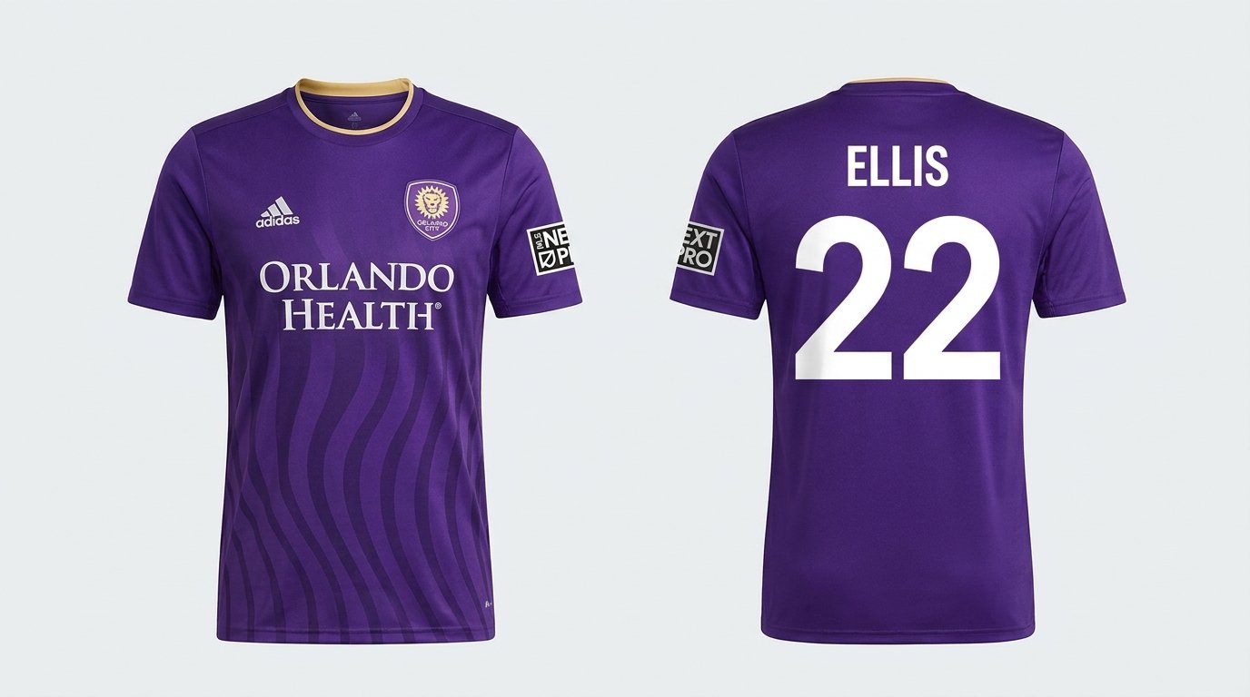 Purple Orlando City B style soccer jersey number 22 - front and back view