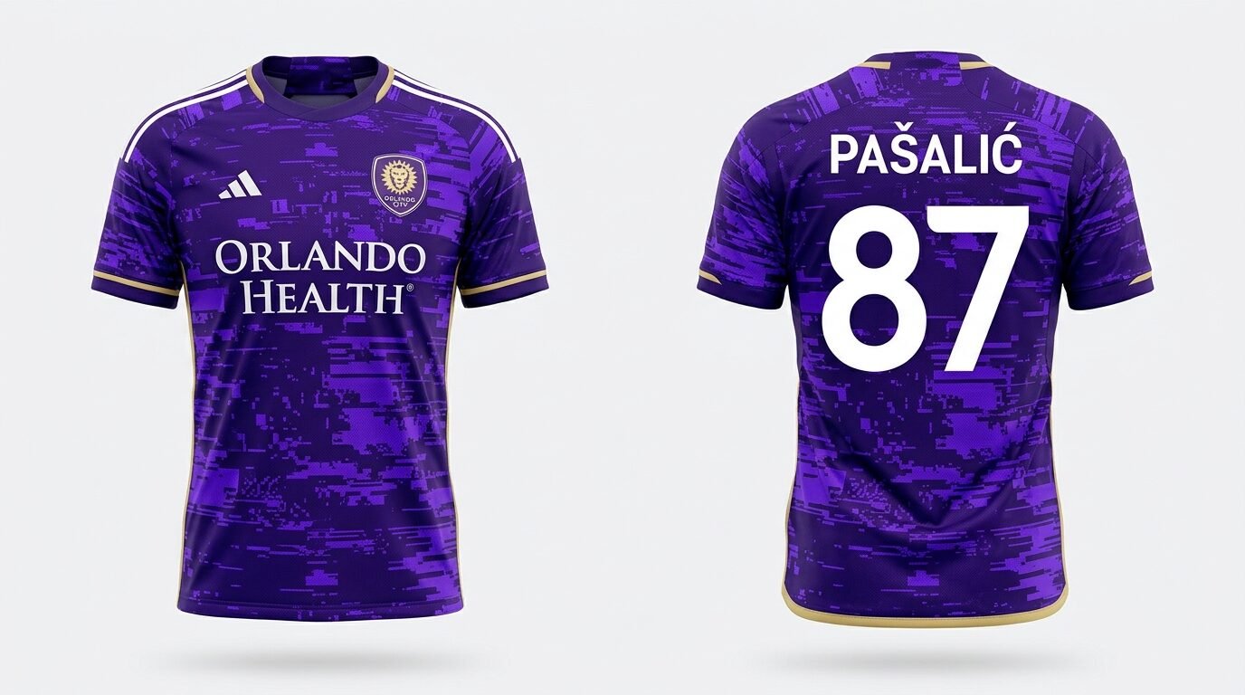 Purple Orlando City style soccer jersey number 87 - front and back view