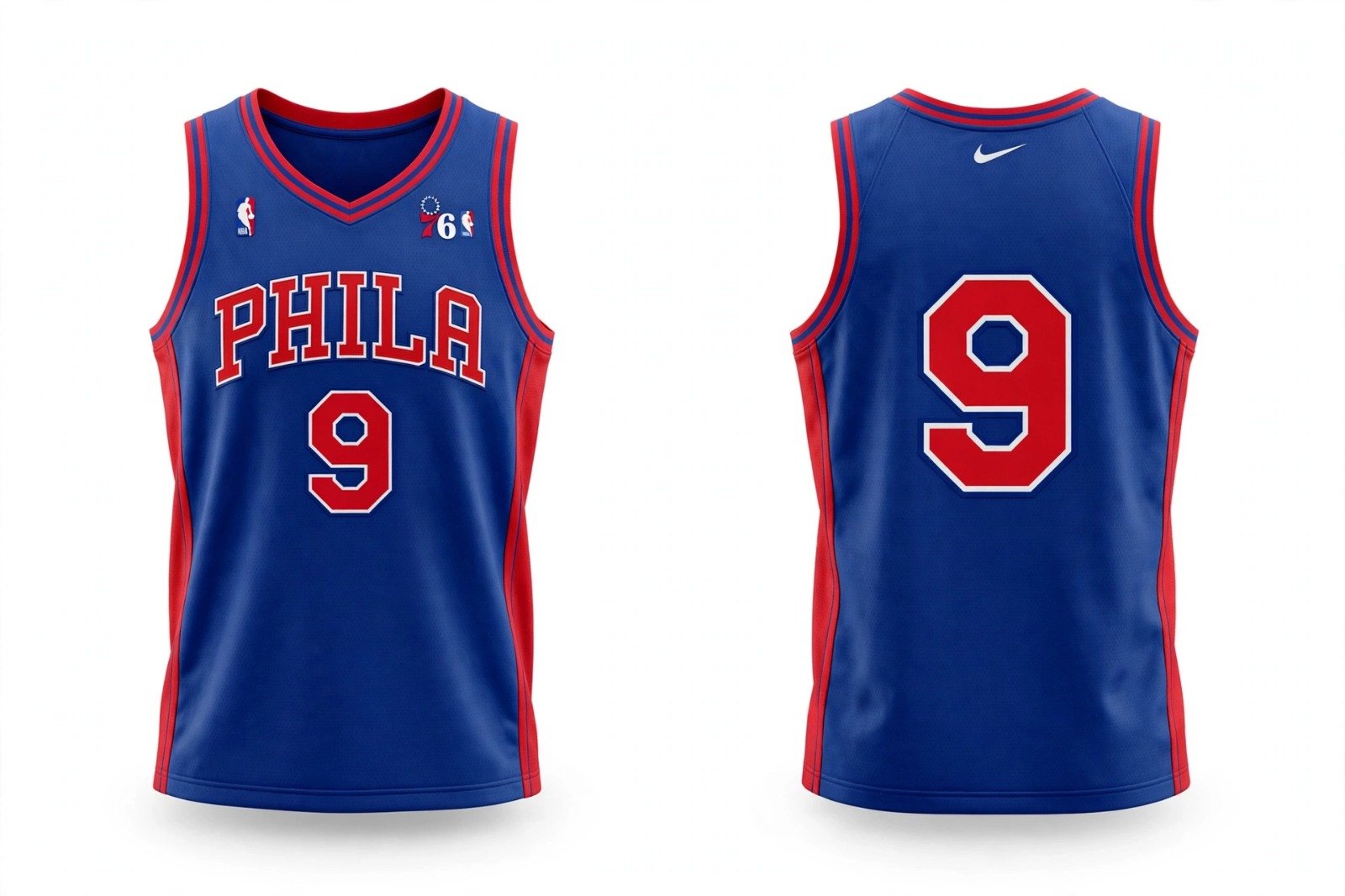 Blue Philadelphia 76ers basketball jersey number 9 – front and back view