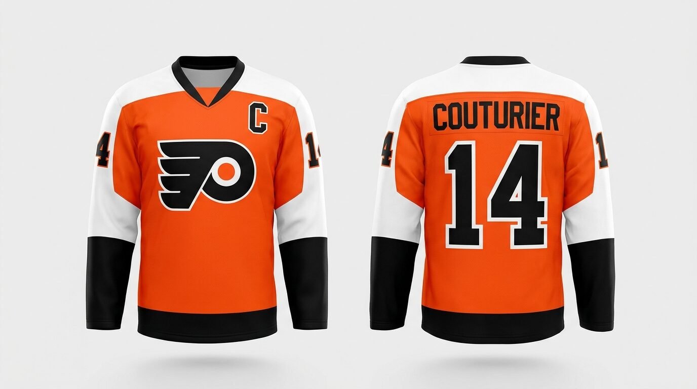 Orange Philadelphia Flyers style hockey jersey number 14 - front and back view