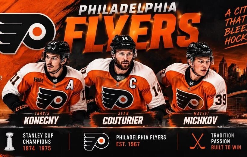 Philadelphia Flyers team 2026 poster — captain Sean Couturier (#14) with Travis Konecny (#11) and Matvei Michkov (#39) in orange home jerseys in Philadelphia