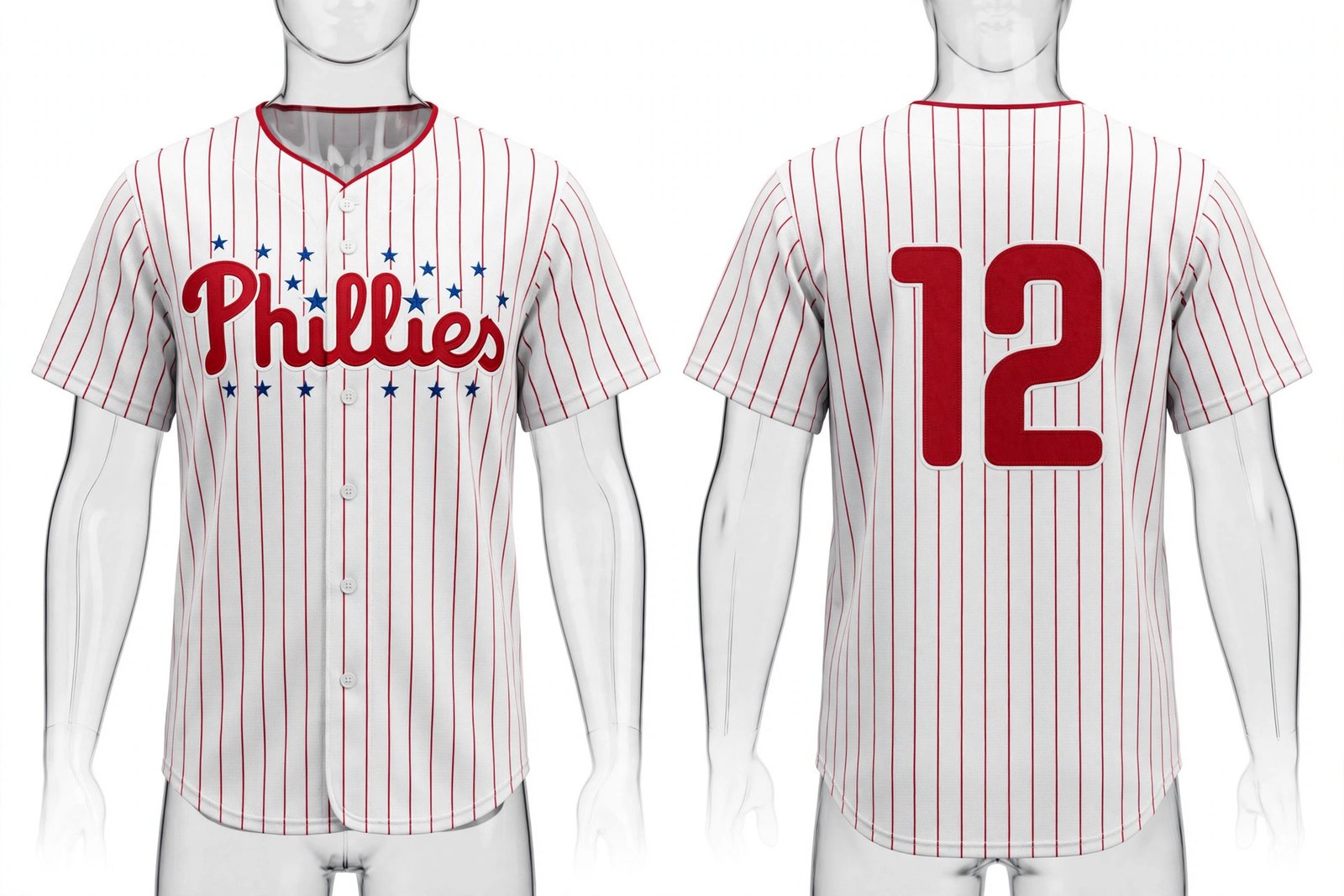 White Philadelphia Phillies style home baseball jersey number 12 - front and back view