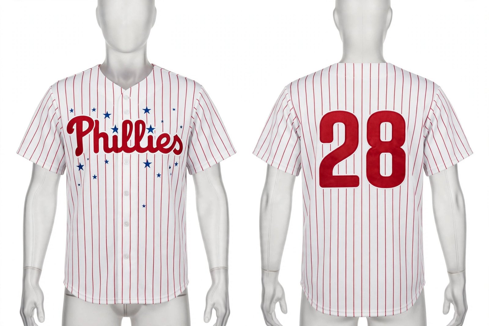 White Philadelphia Phillies style home baseball jersey number 28 - front and back view