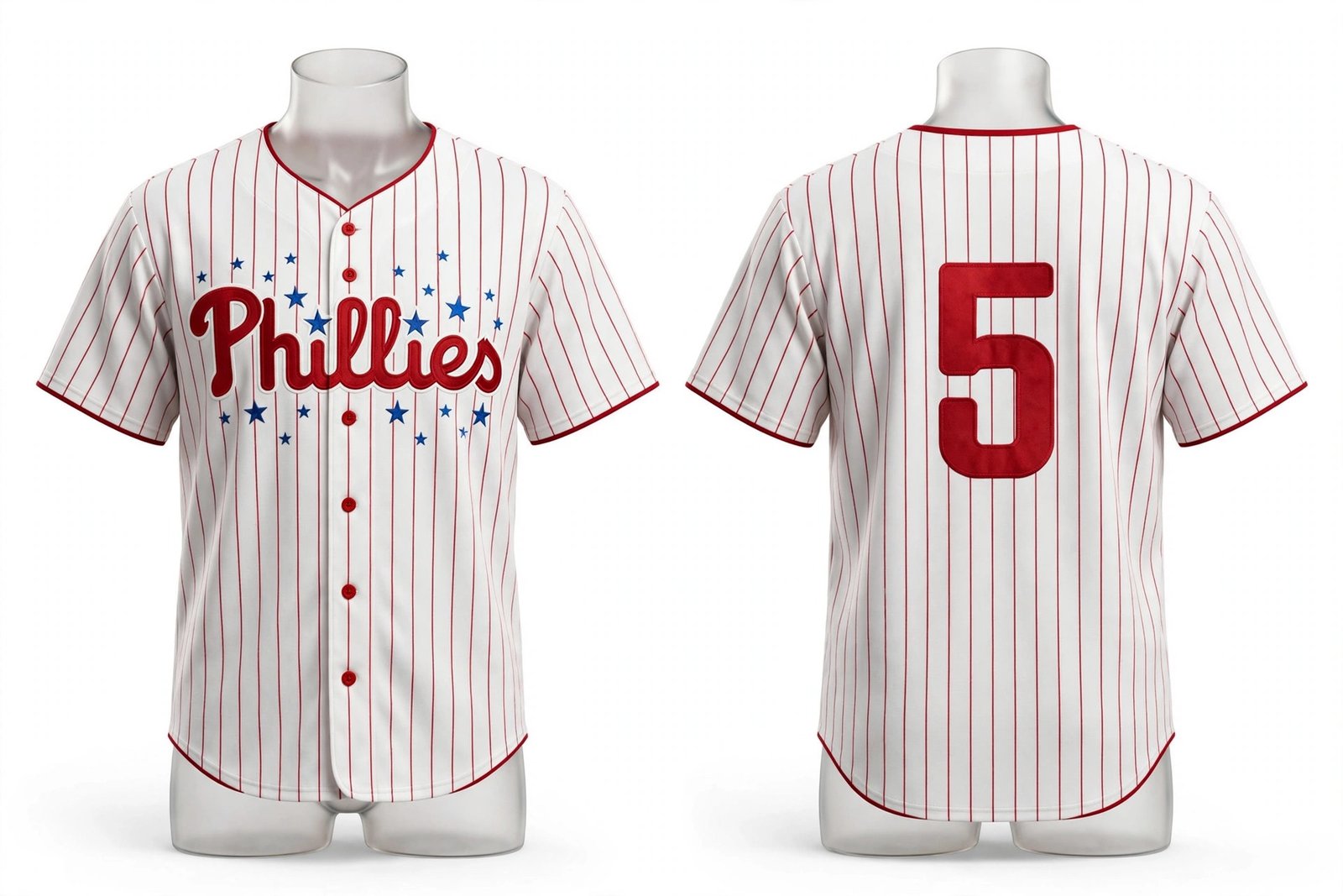 White Philadelphia Phillies style home baseball jersey number 5 - front and back view