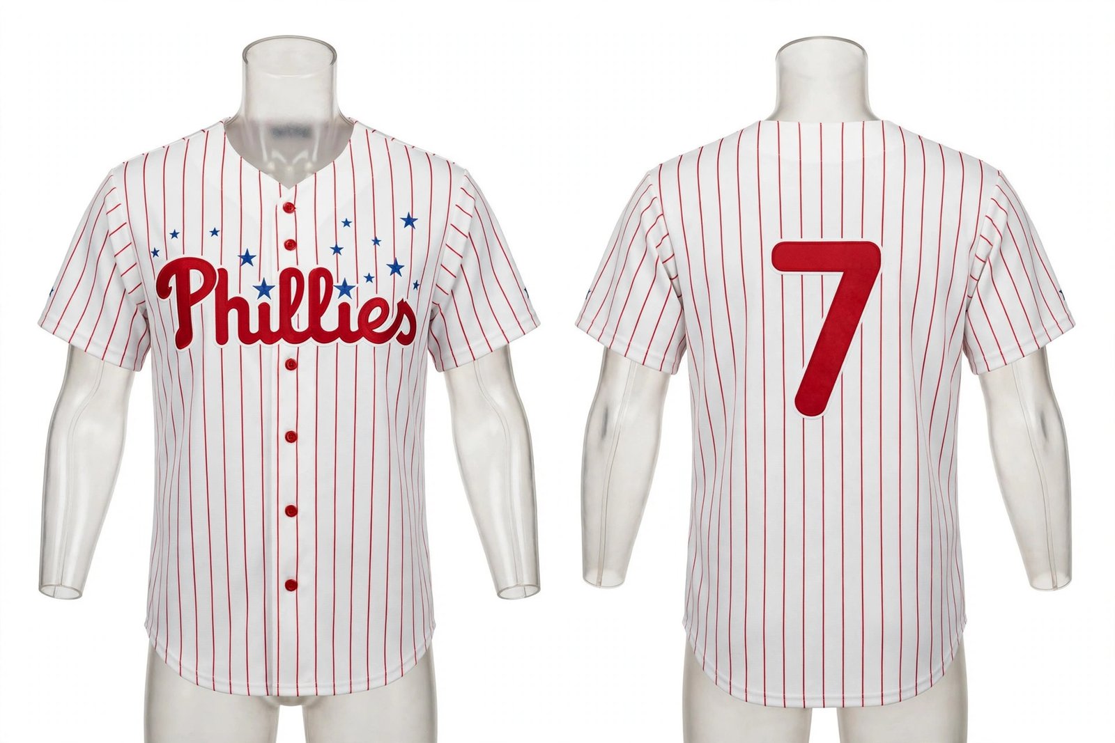 White Philadelphia Phillies style home baseball jersey number 7 - front and back view