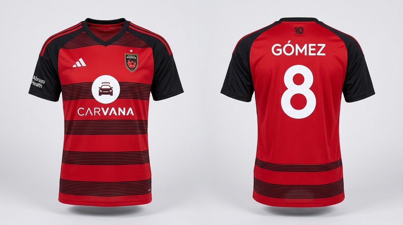 Red Phoenix Rising FC style soccer jersey number 8 - front and back view