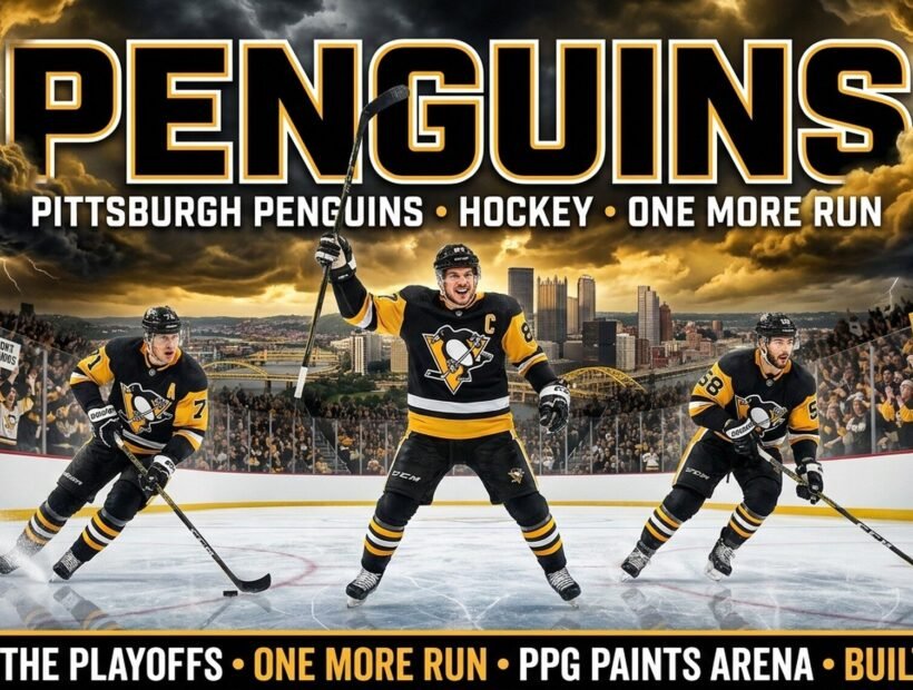 Pittsburgh Penguins team 2026 poster — captain Sidney Crosby #87 with Evgeni Malkin #71 and Kris Letang #58 in black home jerseys