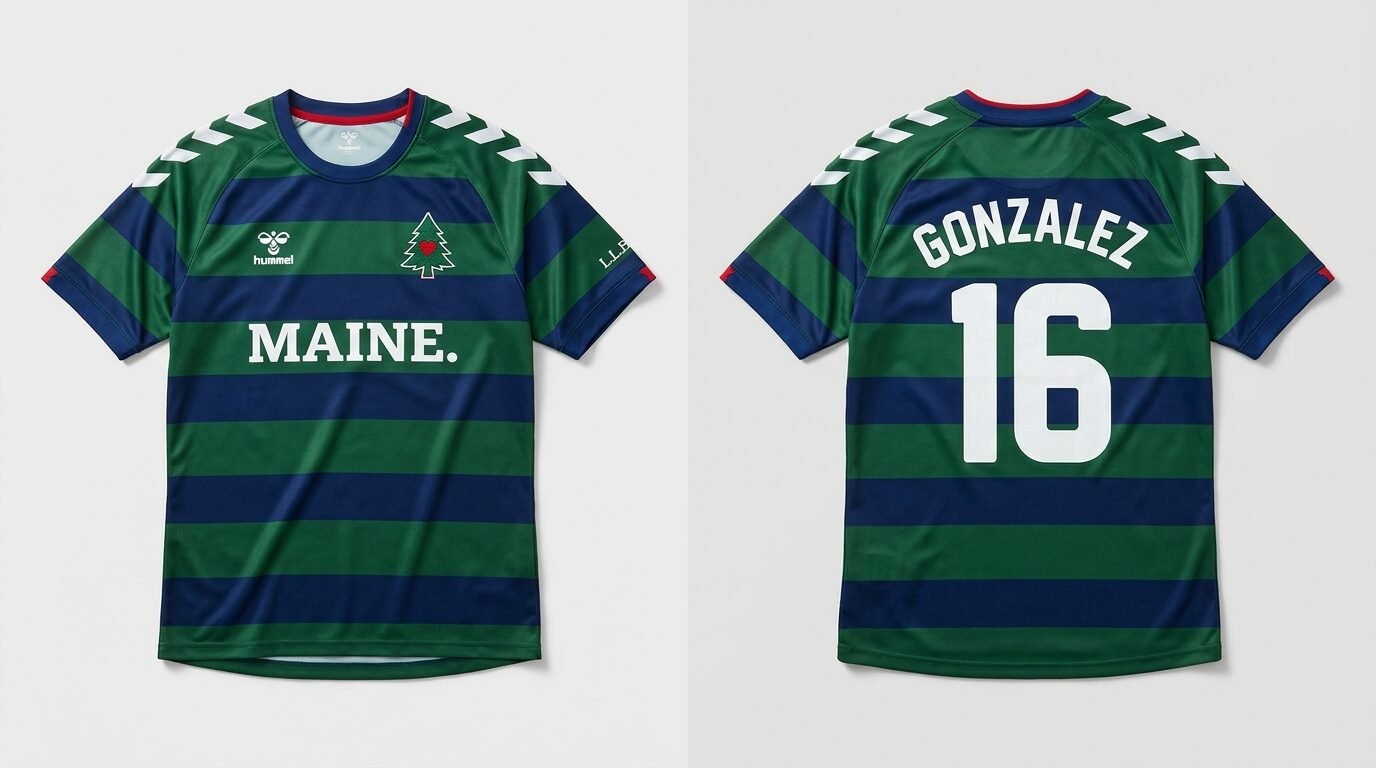Green and navy Portland Hearts of Pine style soccer jersey number 16 - front and back view