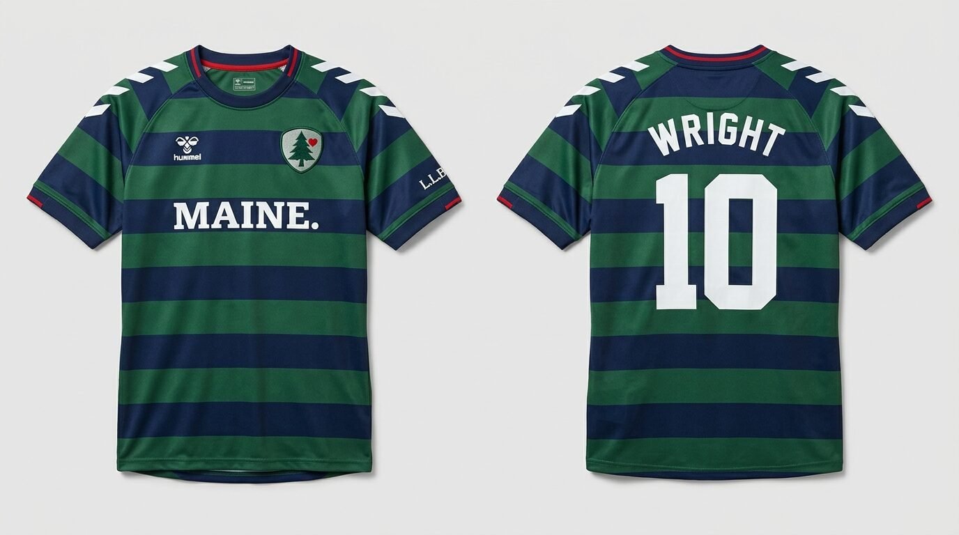 Green and navy Portland Hearts of Pine style soccer jersey number 10 - front and back view