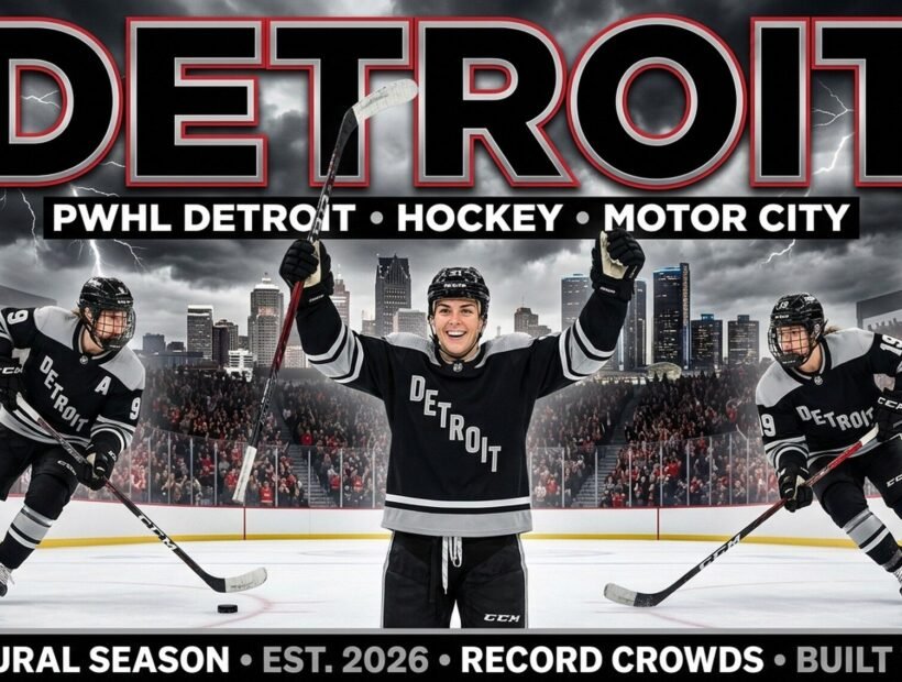 PWHL Detroit team 2026 poster — Hilary Knight wearing #21 flanked by Daryl Watts #9 and Hannah Bilka #19 in black and silver inaugural jerseys with DETROIT worn diagonally across the chest