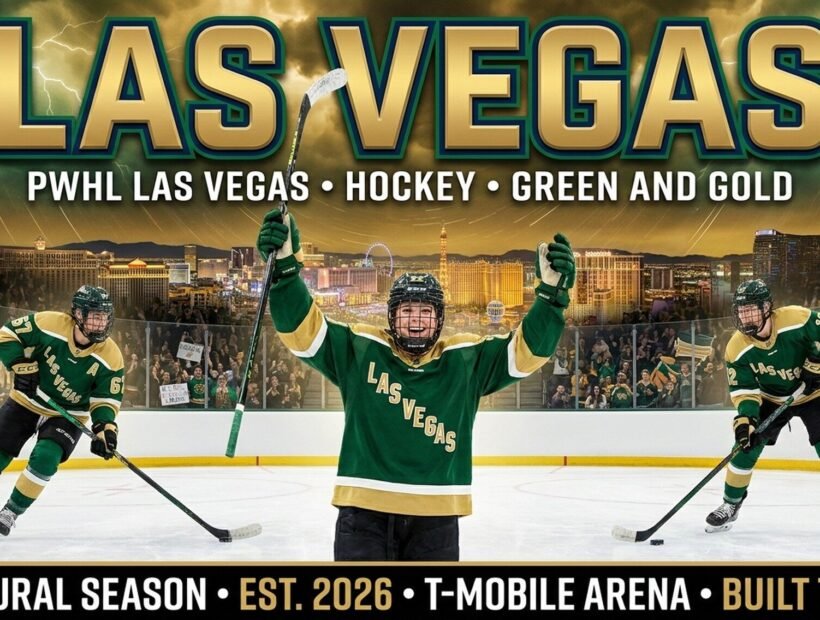 PWHL Las Vegas team 2026 poster — Tessa Janecke wearing #22 flanked by Lacey Eden #67 and Mae Batherson #12 in green and gold inaugural jerseys with LAS VEGAS worn diagonally across the chest