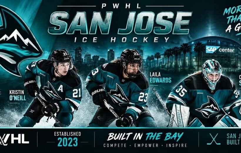 PWHL San Jose team 2026 poster — Laila Edwards, Corinne Schroeder and Kristin O'Neill in mandarin orange inaugural jerseys with sky blue accents and SAN JOSE worn diagonally across the chest