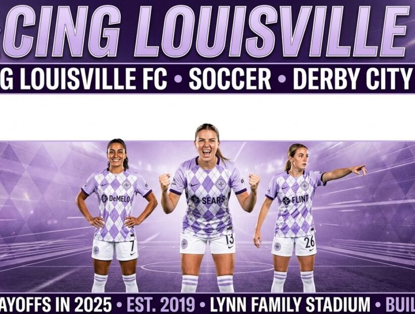 Racing Louisville FC 2026 poster banner with Sears, DeMelo and Flint