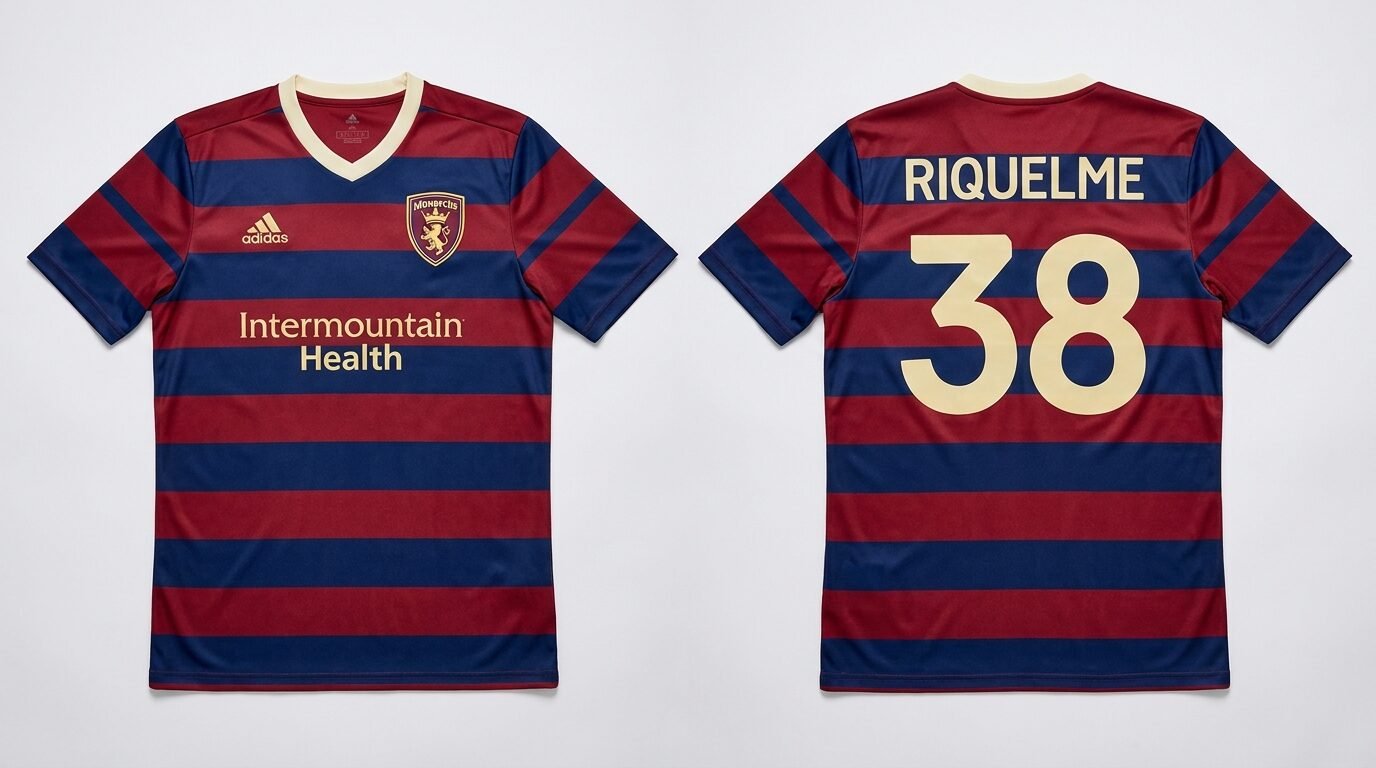 Claret and navy hooped Real Monarchs style soccer jersey number 38 - front and back view
