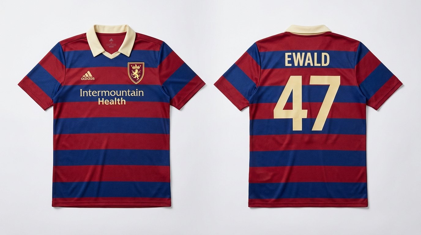 Claret and navy hooped Real Monarchs style soccer jersey number 47 - front and back view