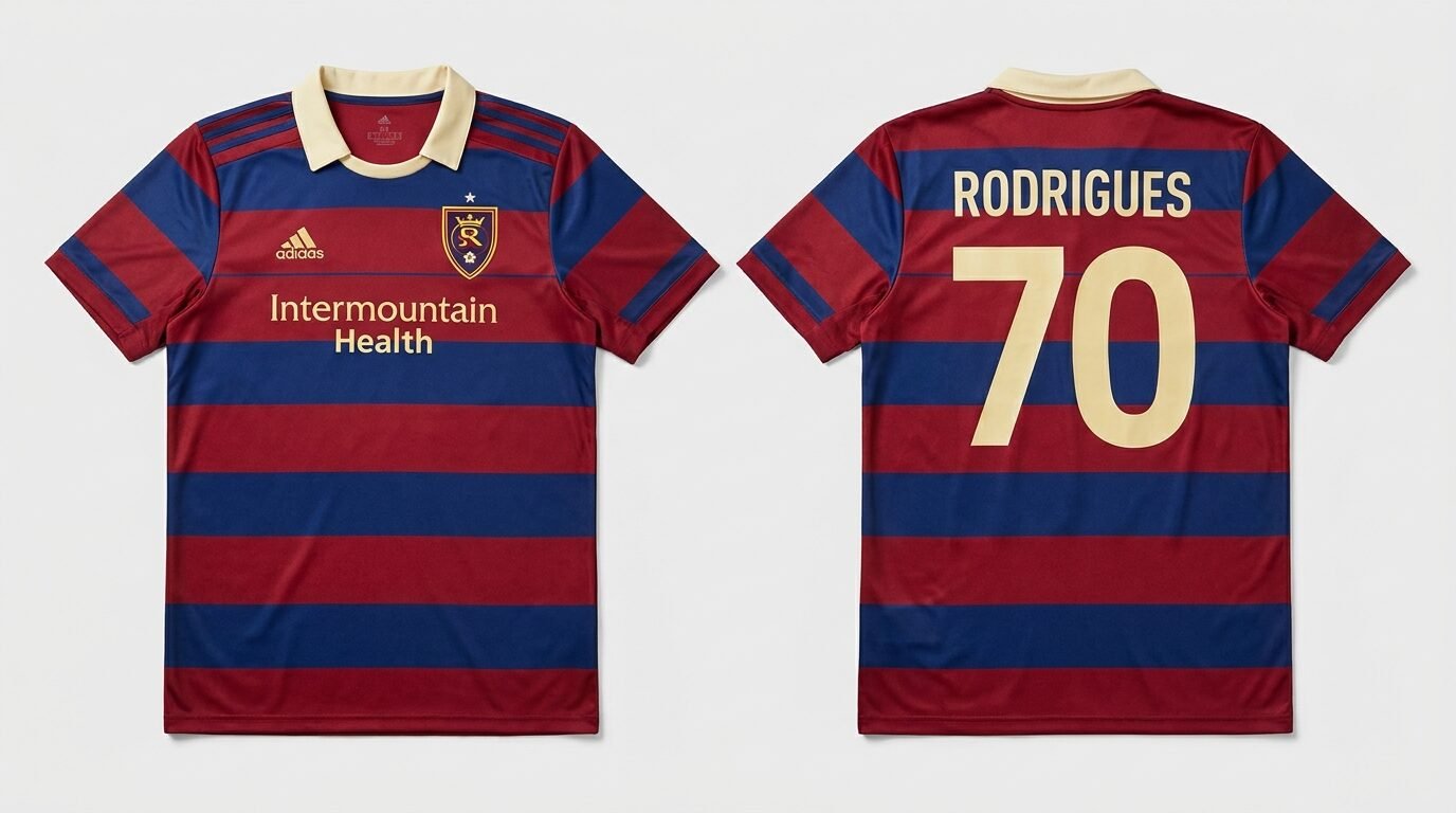 Claret and navy hooped Real Monarchs style soccer jersey number 70 - front and back view