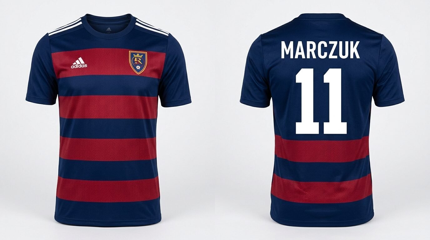 Navy and claret hooped Real Salt Lake style soccer jersey number 11 - front and back view