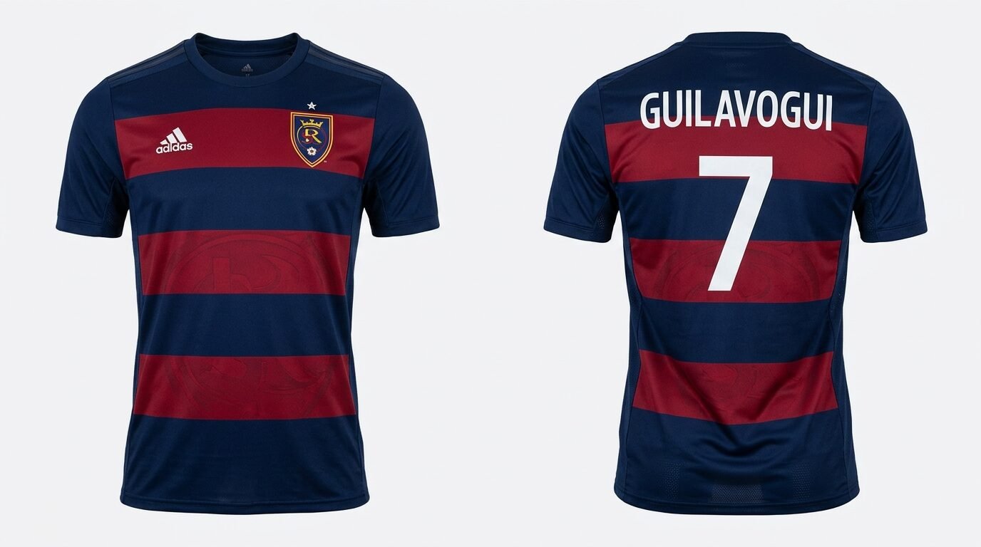 Navy and claret hooped Real Salt Lake style soccer jersey number 7 - front and back view