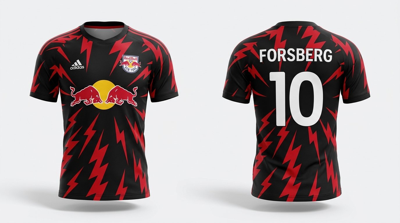 Black and red lightning Red Bull New York style soccer jersey number 10 - front and back view