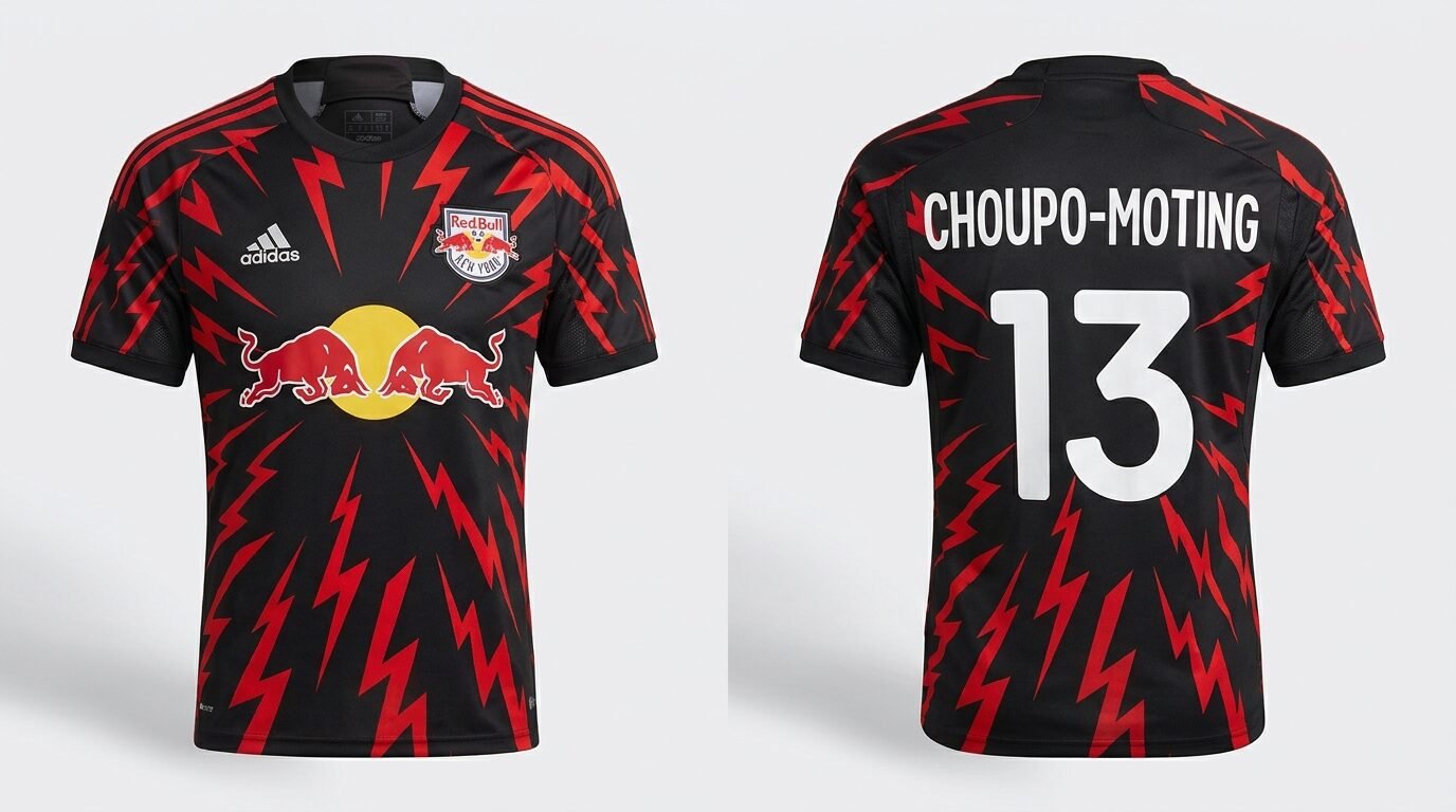 Black and red lightning Red Bull New York style soccer jersey number 13 - front and back view