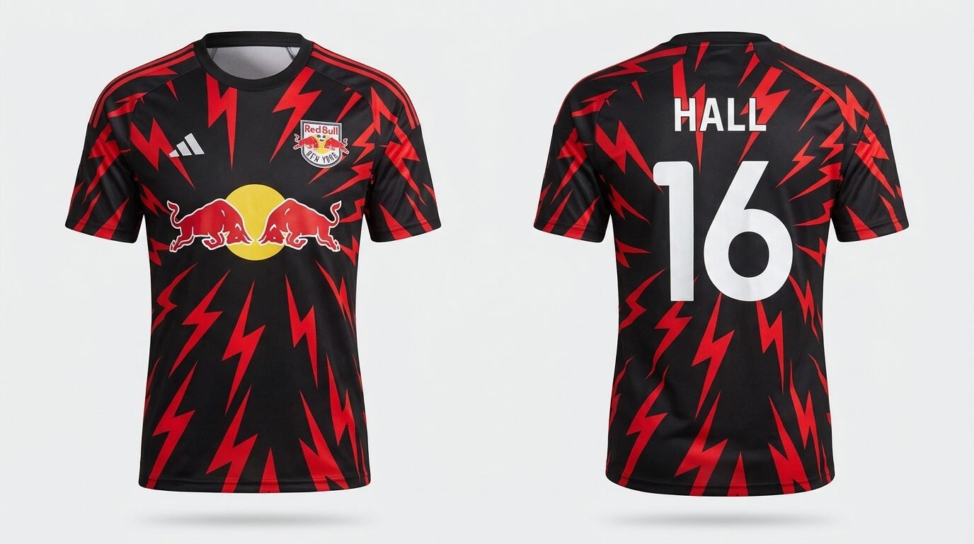Black and red lightning Red Bull New York style soccer jersey number 16 - front and back view