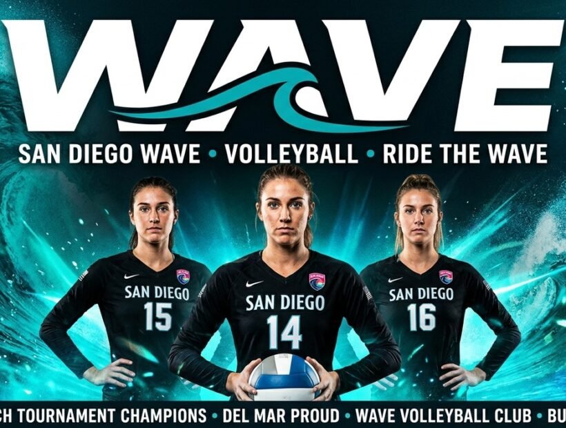 San Diego Wave 2026 poster banner — Rasmussen, Sotoa and Canter in the black long-sleeve VLA jerseys