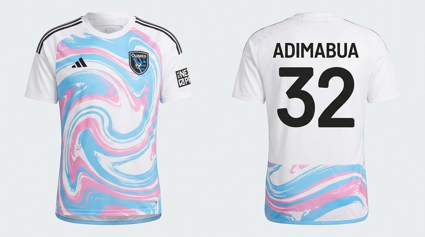 White San Jose Earthquakes II style soccer jersey number 32 - front and back view