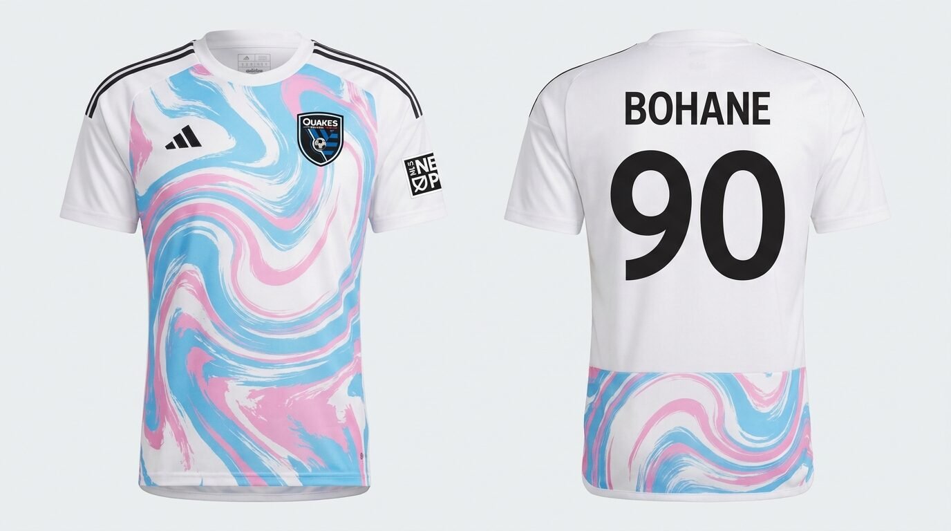 White San Jose Earthquakes II style soccer jersey number 90 - front and back view