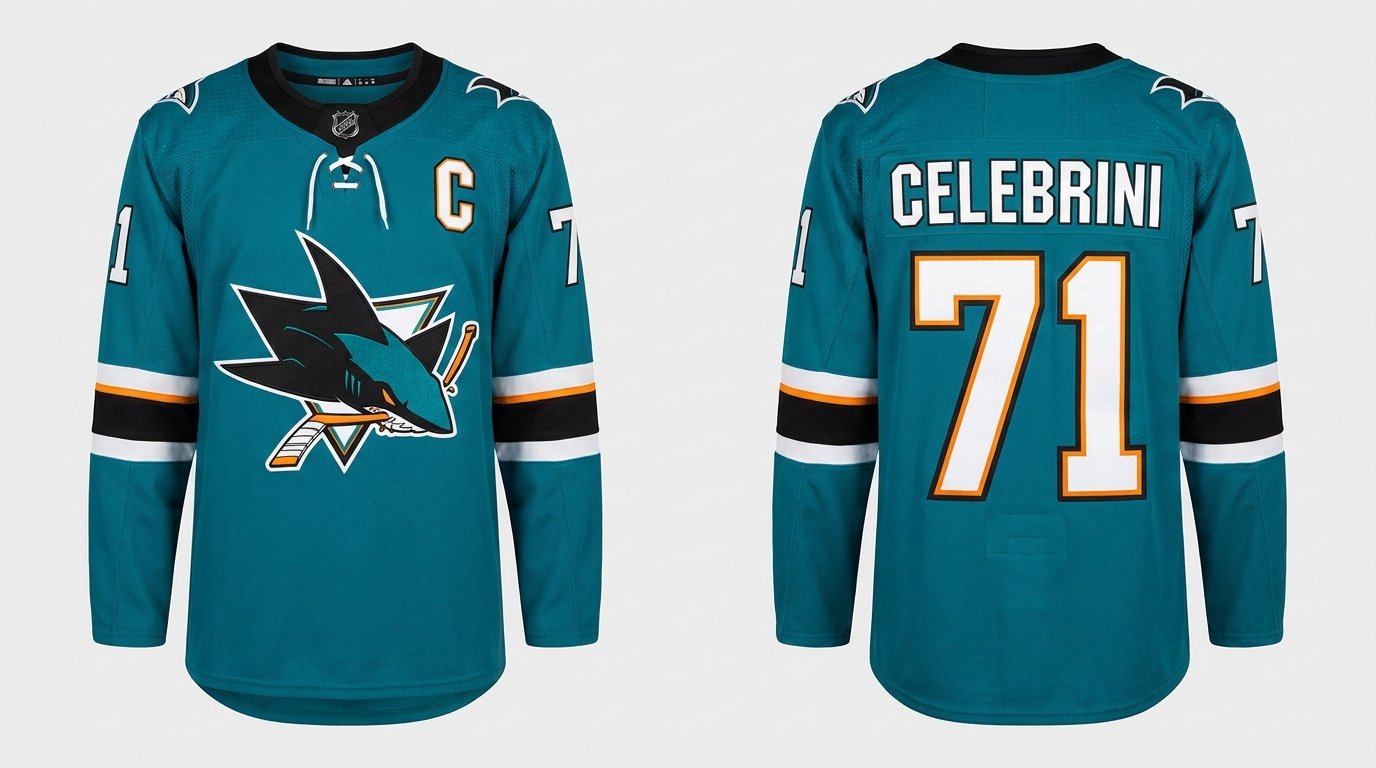 Macklin Celebrini San Jose Sharks style home jersey front and back