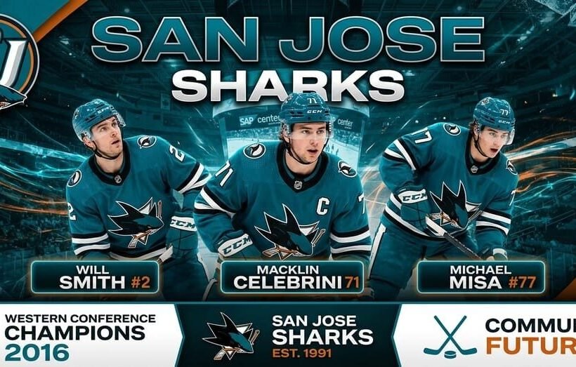 San Jose Sharks team 2026 poster — captain Macklin Celebrini #71 with Will Smith #2 and Michael Misa #77 in Pacific teal home jerseys