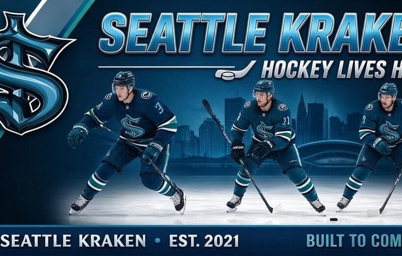 Seattle Kraken team 2026 poster — captain Jordan Eberle #7 with Matty Beniers #10 and Jared McCann #19 in deep sea blue home jerseys