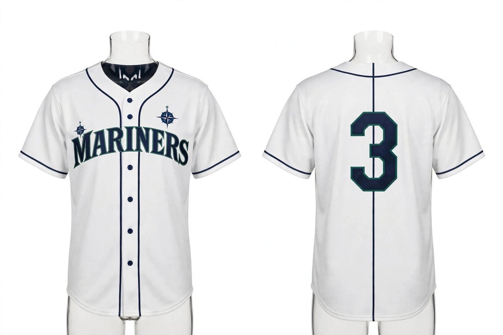 White Seattle Mariners style home baseball jersey number 3 - front and back view