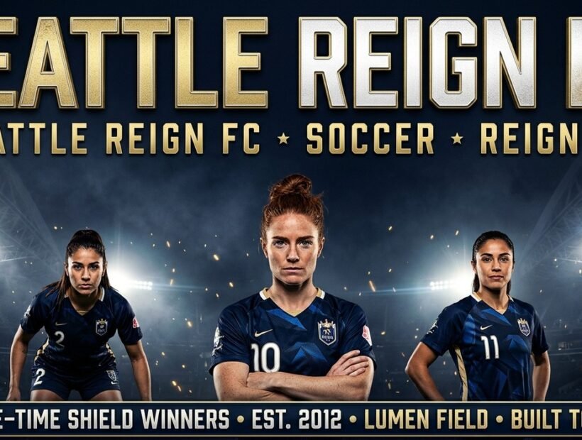 Seattle Reign FC 2026 poster banner with Fishlock, Mercado and Huerta