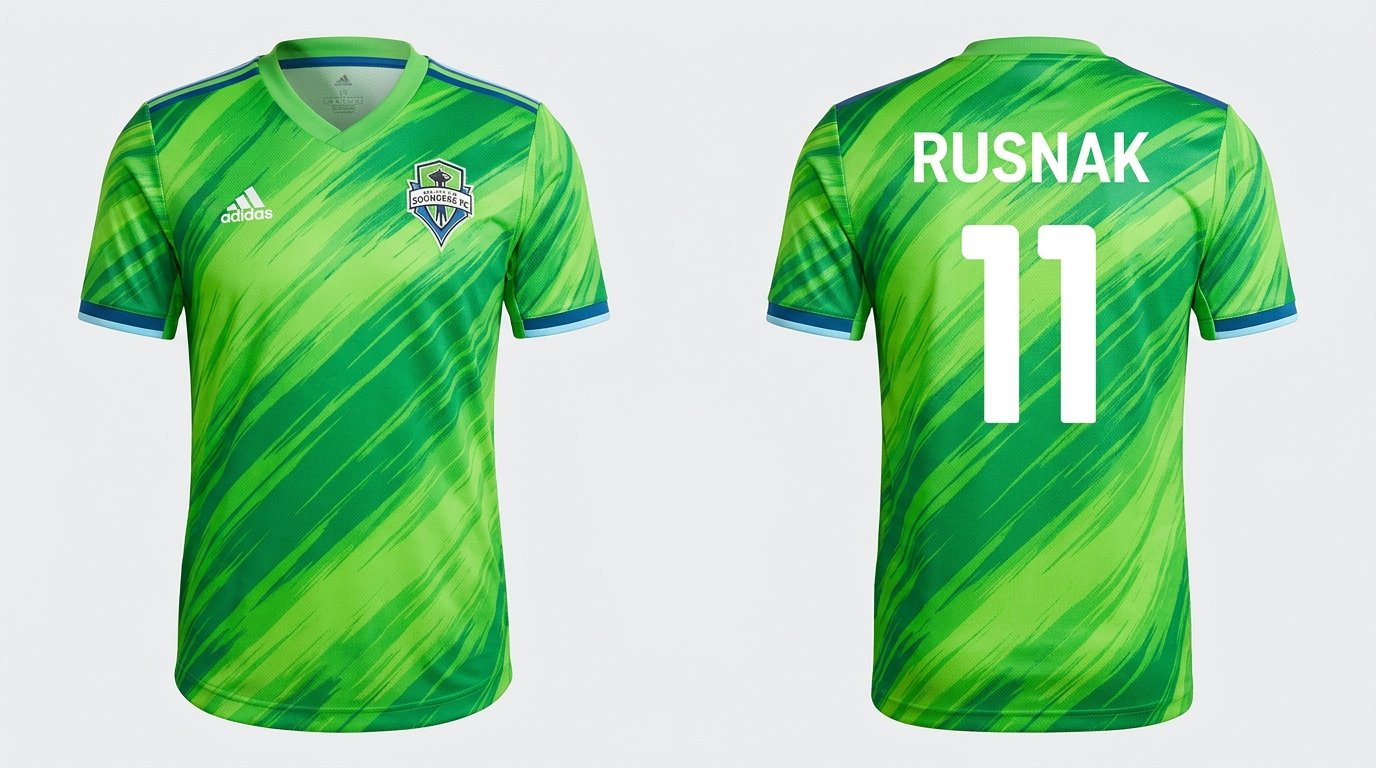 Rave green Seattle Sounders style soccer jersey number 11 - front and back view
